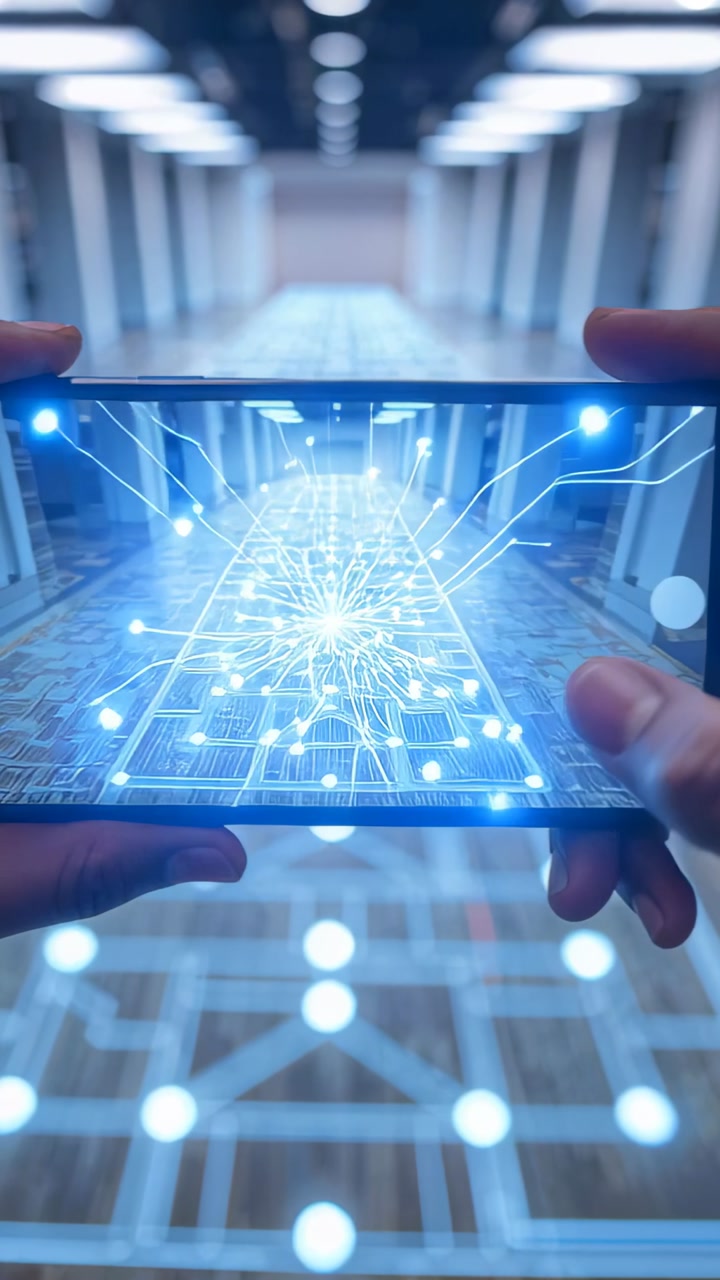Vertical video: Pressing right thumb, hands activating AR node on phone, mapping corridor network