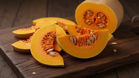 vibrantly fresh and deliciously sliced butternut squash on a rustic wooden board, showcasing its beautiful orange flesh and unique seed structure