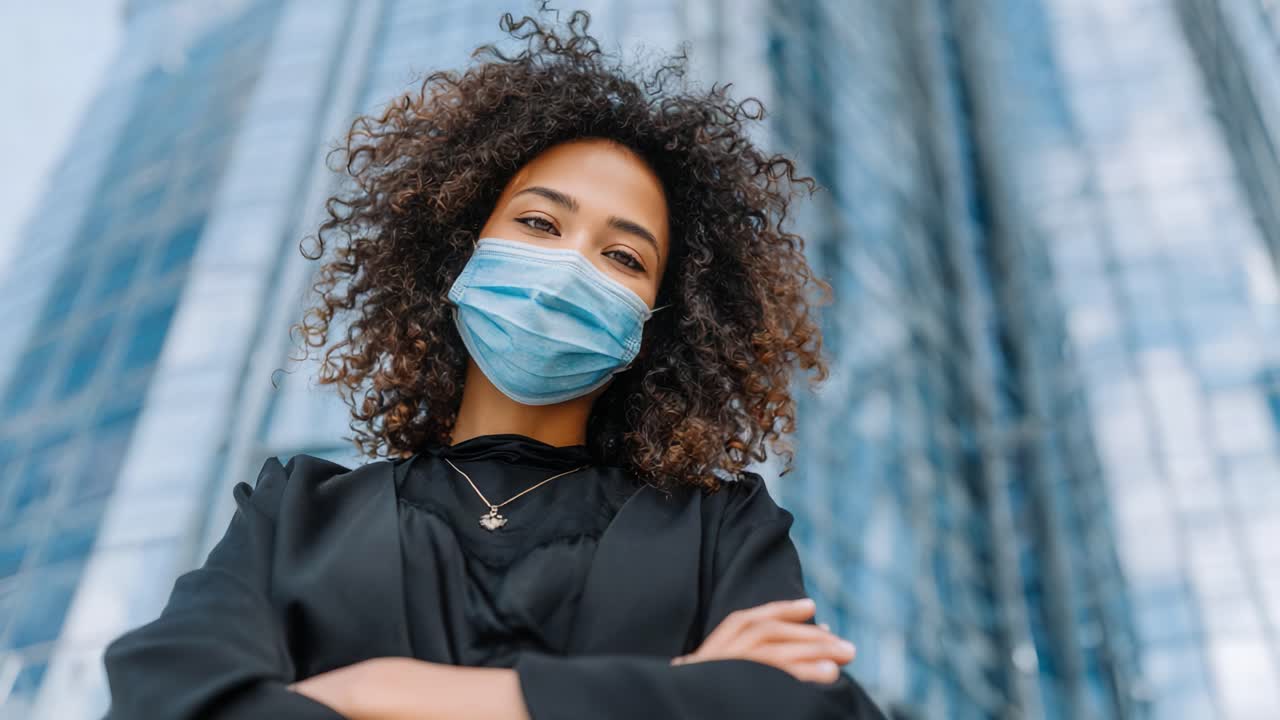 Confident Woman with Curly Hair in Mask Poses Outdoors Against Modern Building, Emphasizing Resilience and Style in Urban Environment