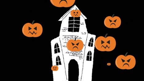 Animation-of-haunted-house-over-falling-pumpkins-on-dark-background