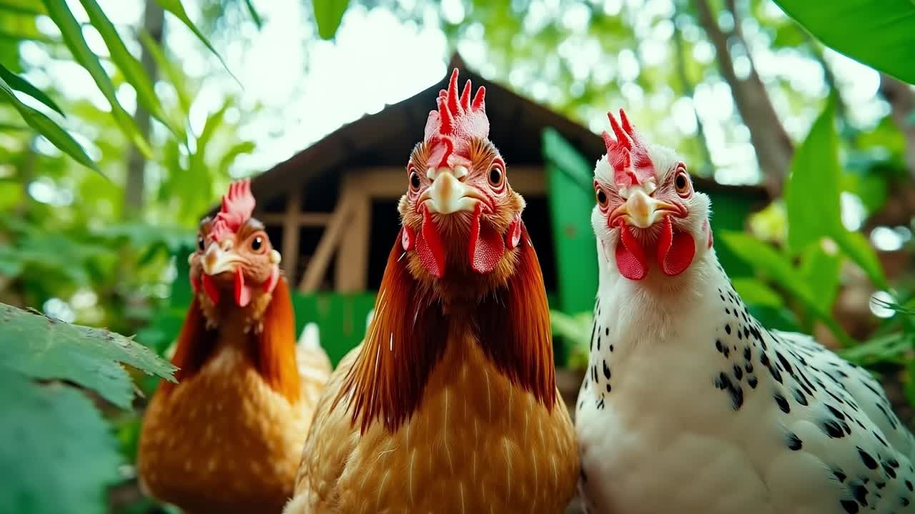 A group of chickens standing next to each other in a garden