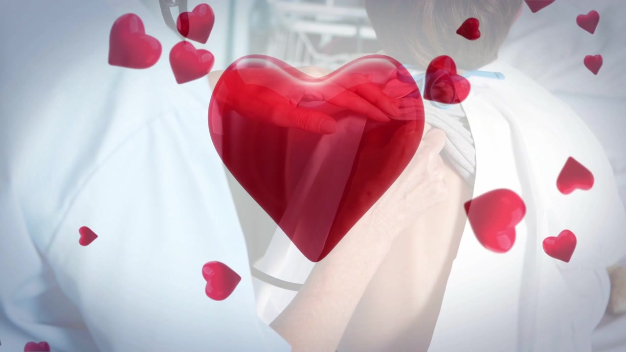 Clinica che porta lo stetoscopio al petto di un bambino, valutando il cuore mentre cuori rossi fluttuano