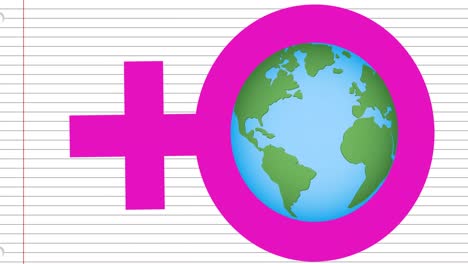 Animation-of-globe-in-female-gender-symbol-over-lines-against-white-background