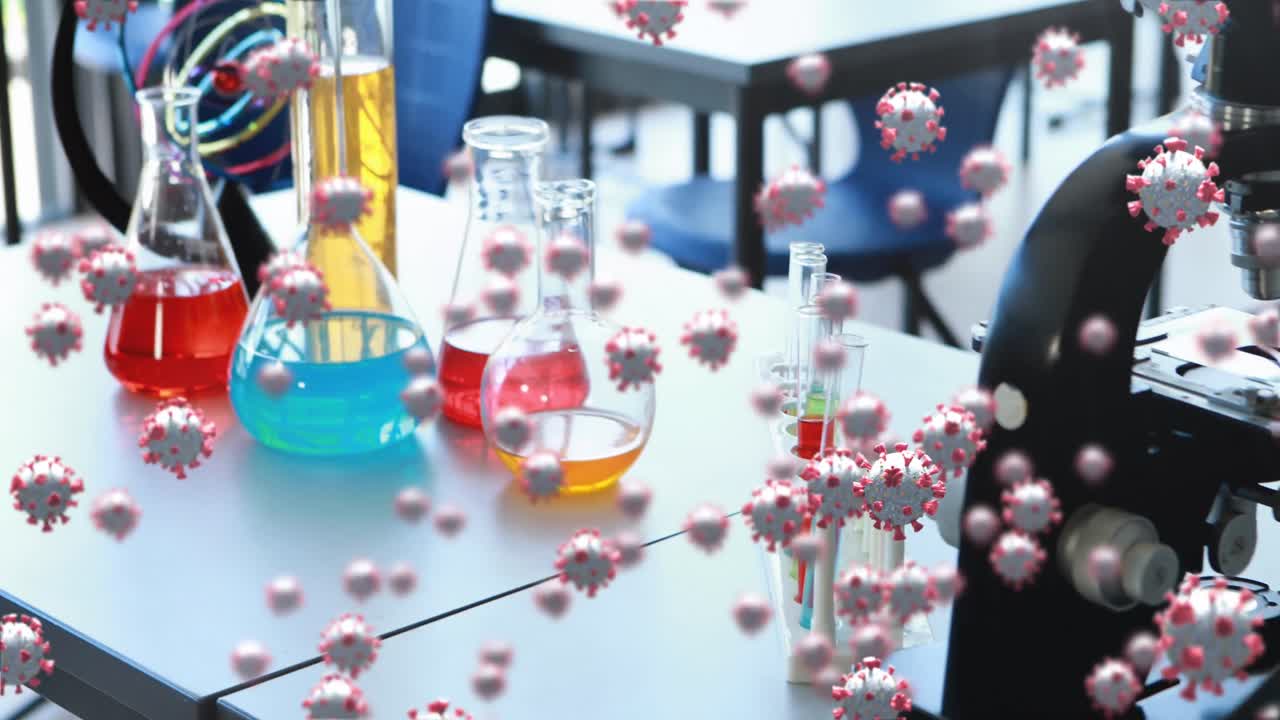 코로나19 세포는 실험실의 다양한 장비에 대항합니다.