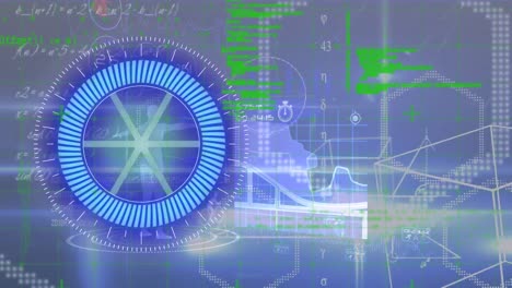 Animación-De-Escáner-Redondo-Púrpura,-Procesamiento-De-Datos-Y-Formas-Geométricas-Sobre-Fondo-Azul