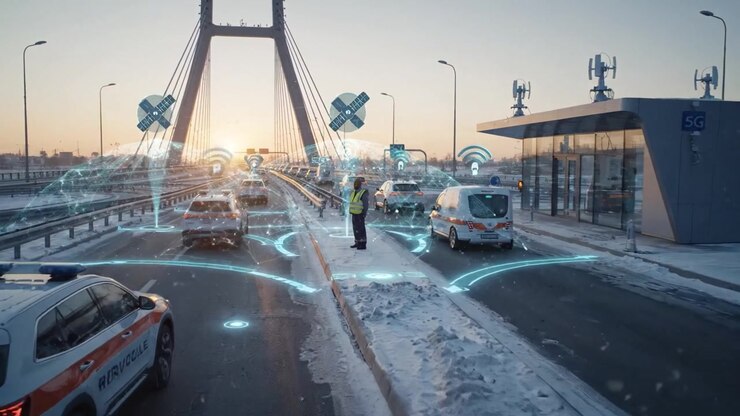 Veicoli che circolano in un sistema di traffico intelligente su un ponte coperto di neve al tramonto, con reti di comunicazione che migliorano la sicurezza stradale e l'efficienza.