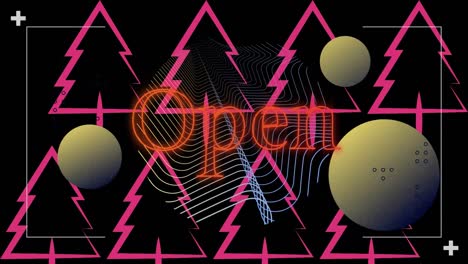 animation of open text in red neon with pink christmas trees over yellow spheres and parallel lines