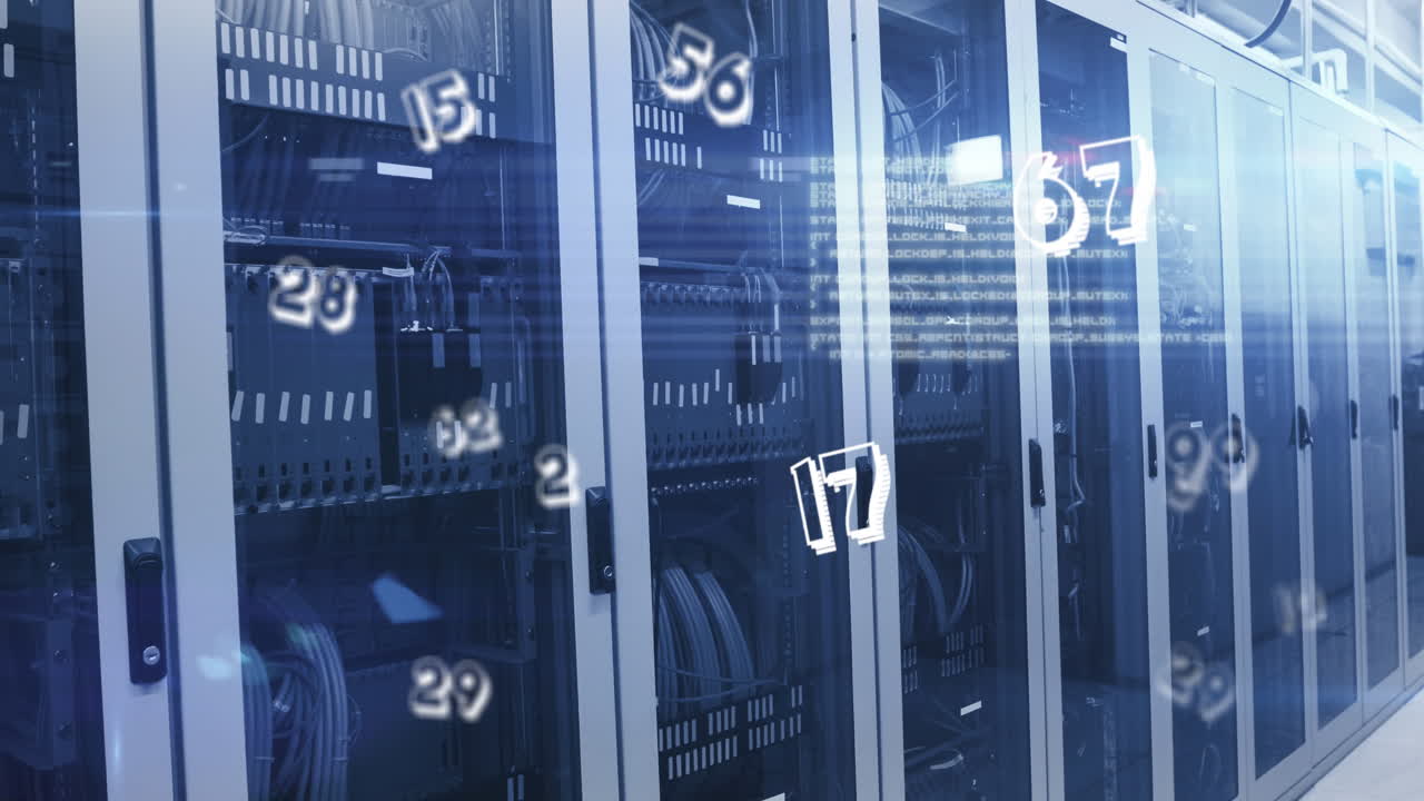 animación de números cambiando sobre la sala de tecnología con servidores de computadora