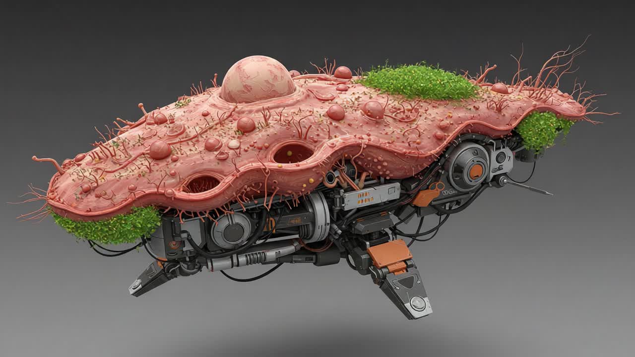 An imaginative fusion of biology and technology, this floating organism-inspired vehicle showcases a vibrant, organic appearance with intricate textures and a lush, green undergrowth