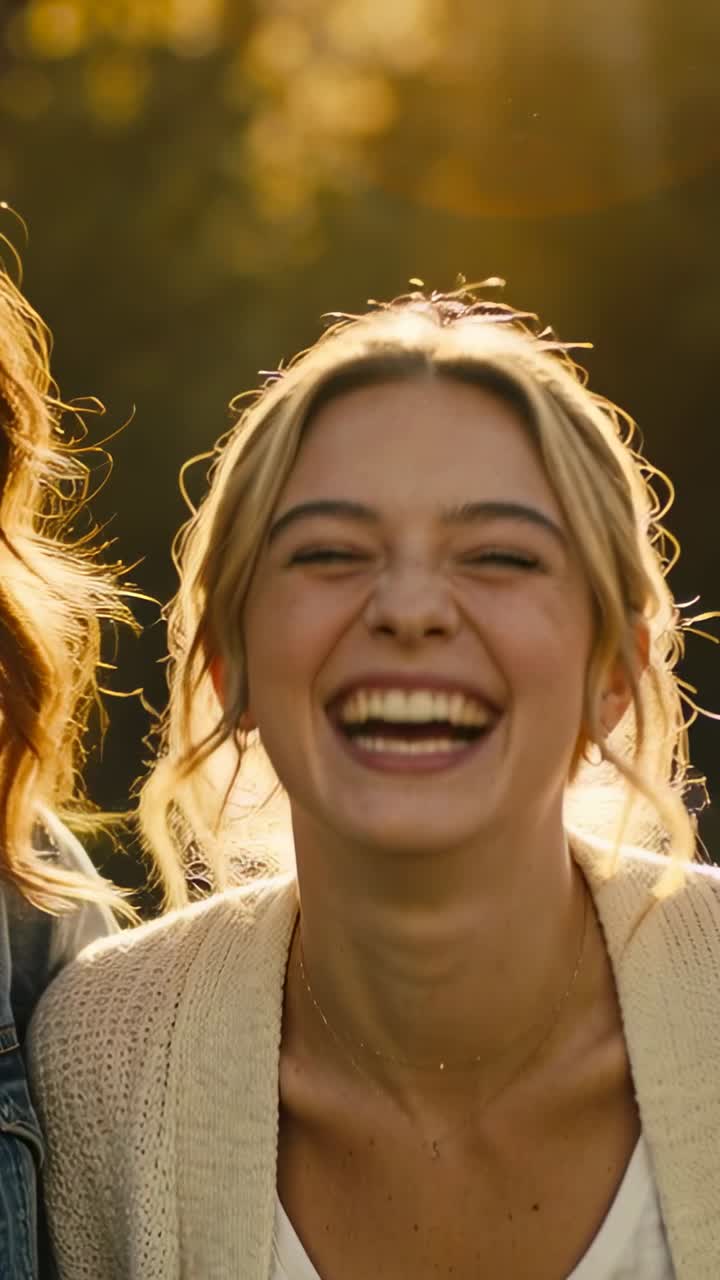 Rubia sonriente con cárdigan claro riendo con morena con chaqueta vaquera al aire libre al atardecer, con colgante.