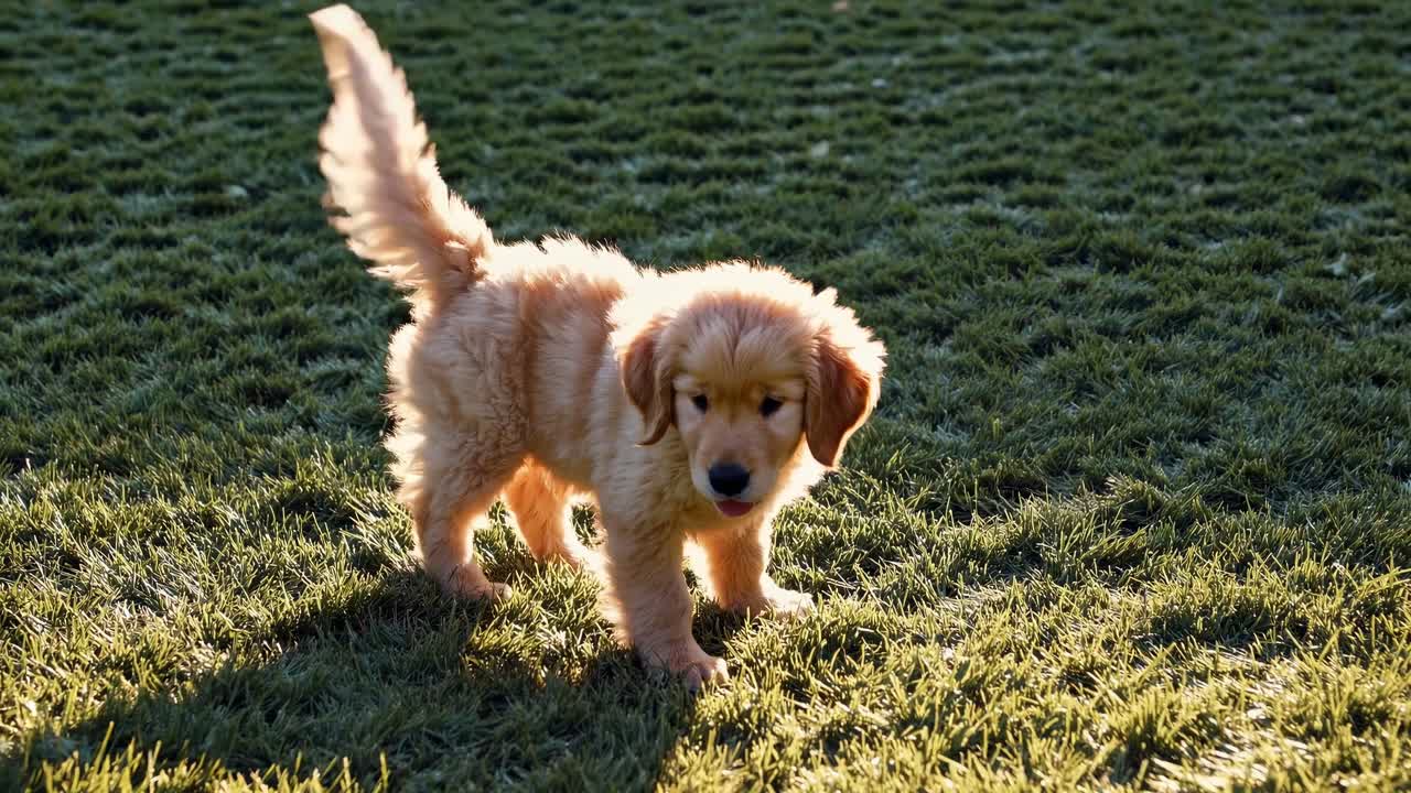 Un cucciolo giocherellone scorrazza su un prato soleggiato, catturando la gioia e l'innocenza