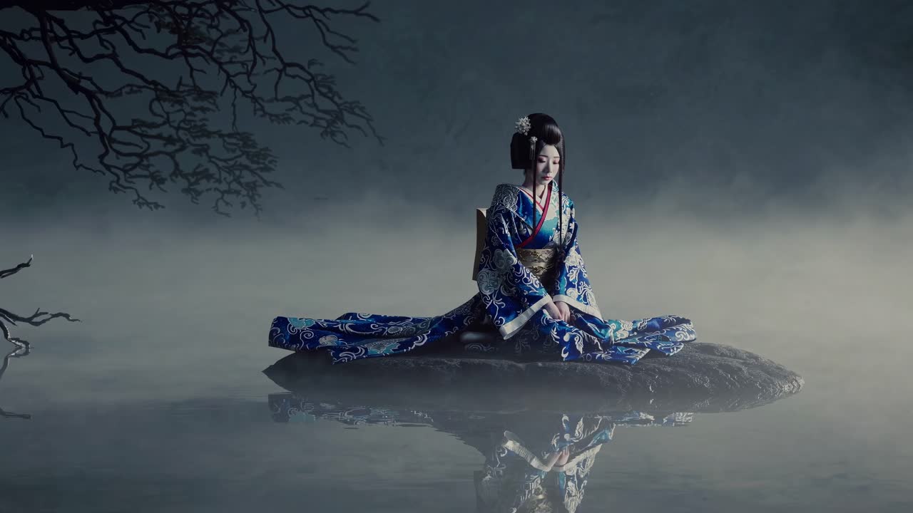 A serene video scene with a woman in a kimono sitting on a rock in misty water
