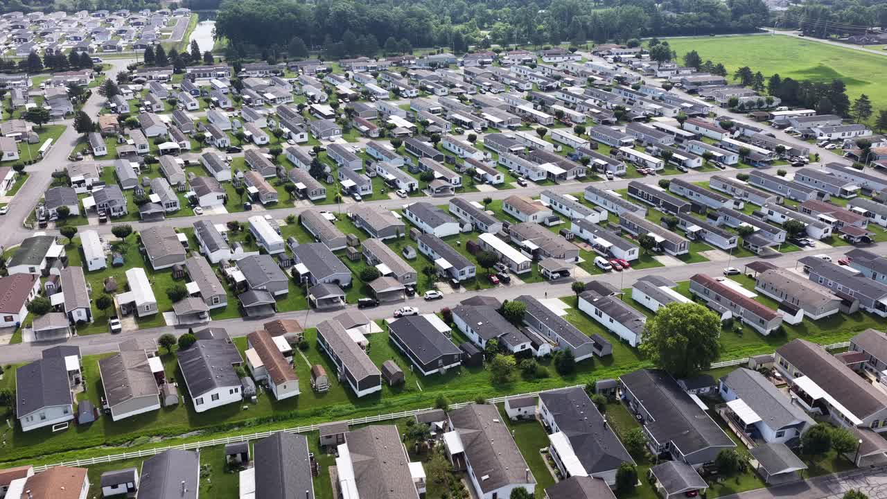 Overhead drone video of a nice neat trailer park community in Indiana