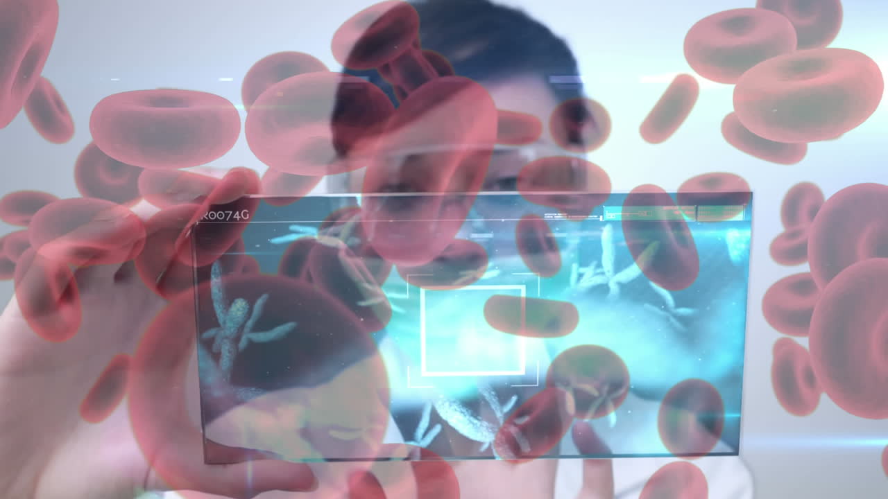 적혈구로 보호하는 얼굴 마스크를 착용한 여성 과학자의 애니메이션.