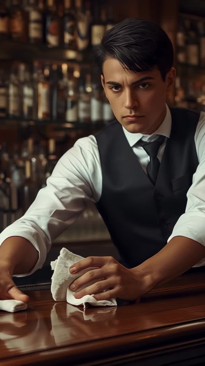 Vertical video: Picking up white cloth bartender wiping bar counter for cleaning at bar interior