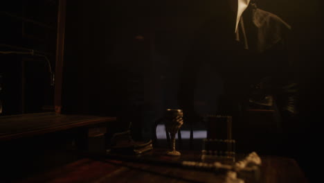 plague doctor in dark laboratory