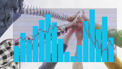 hands high-fiving over blue bar graph and red line chart animation