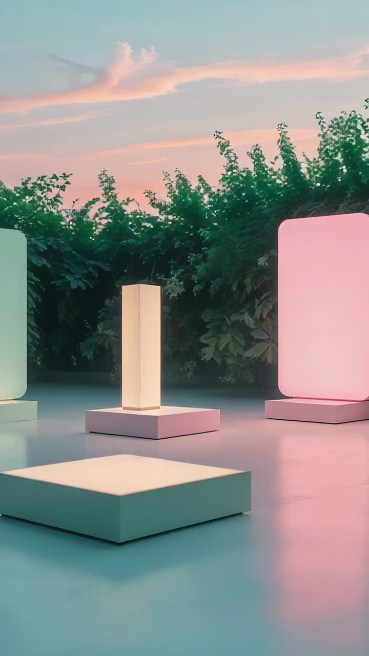 Vertical video: Front left light fixture shifting green at third second on patio with pink block