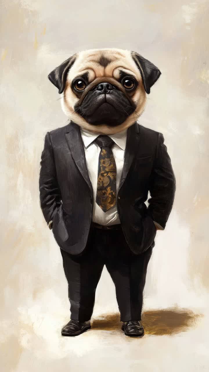 A surreal video concept featuring a pug-headed man in a suit. The low-angle shot adds a quirky