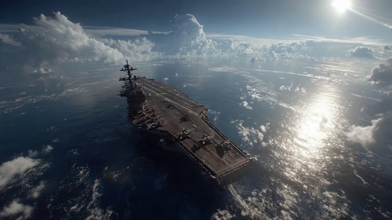 Aerial View of a Massive Aircraft Carrier Gliding Through Serene Waters Amidst Majestic Clouds and Reflected Sunlight in a Stunning Oceanic Landscape