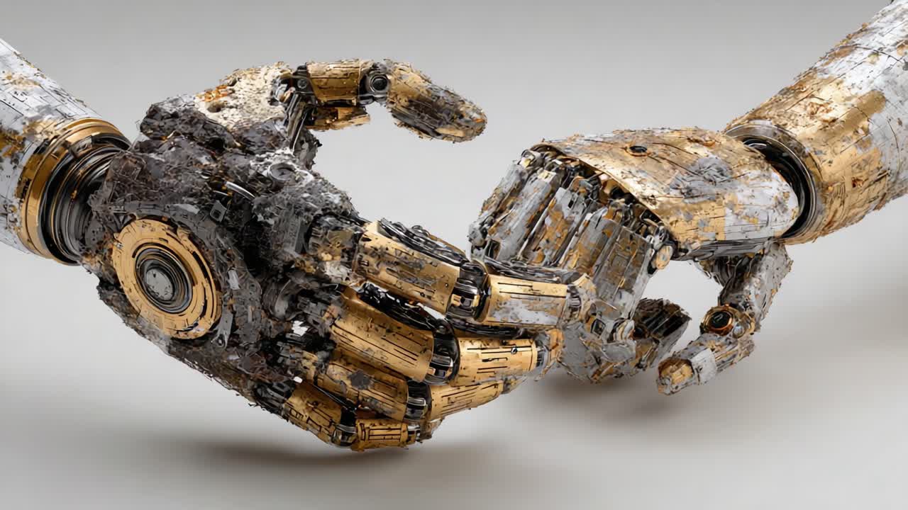 An Intricate Interaction Between Two Futuristic Robotic Hands, Representing the Fusion of Technology and Art in a Visually Stunning Composition