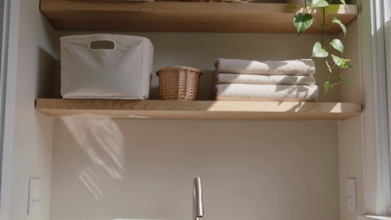 La telecamera si alza rivelando un lavandino bianco, un rubinetto in acciaio in un angolo di casa, mensole in legno, asciugamani e una pianta rampicante.
