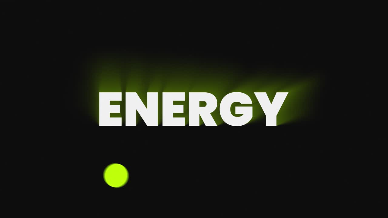 Powerful word ENERGY animated in a tech style. Features a rotating green neon light and seamless loop on a deep black background