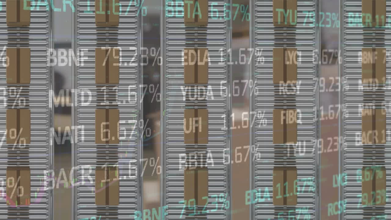 animación del procesamiento de datos financieros sobre cajas de cartón en cintas transportadoras