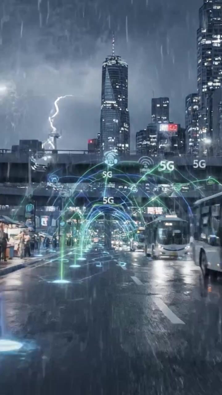 Una notte piovosa in città: paesaggio urbano futuristico con tecnologia 5G e percorsi luminosi, catturato con immagini dinamiche ed effetti atmosferici
