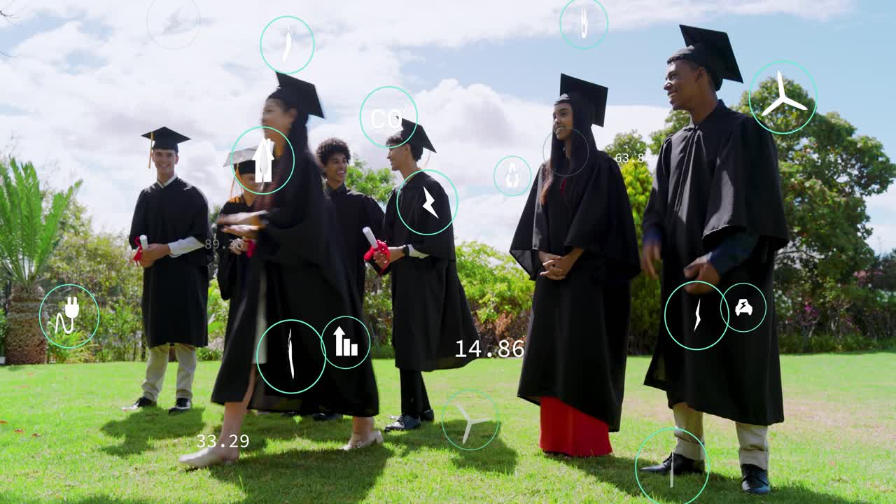 Grads on lawn graduating clapping on cue, one stepping forward hugging as icons floating over group