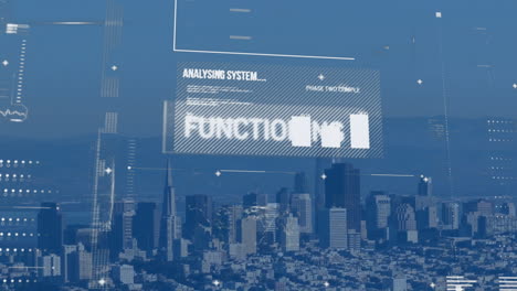 animation of text and data processing over cityscape