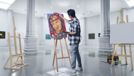 full body side view of asian male artist shaking his head then having a headache while painting a girl on the canvas by oil paints and brush in gallery