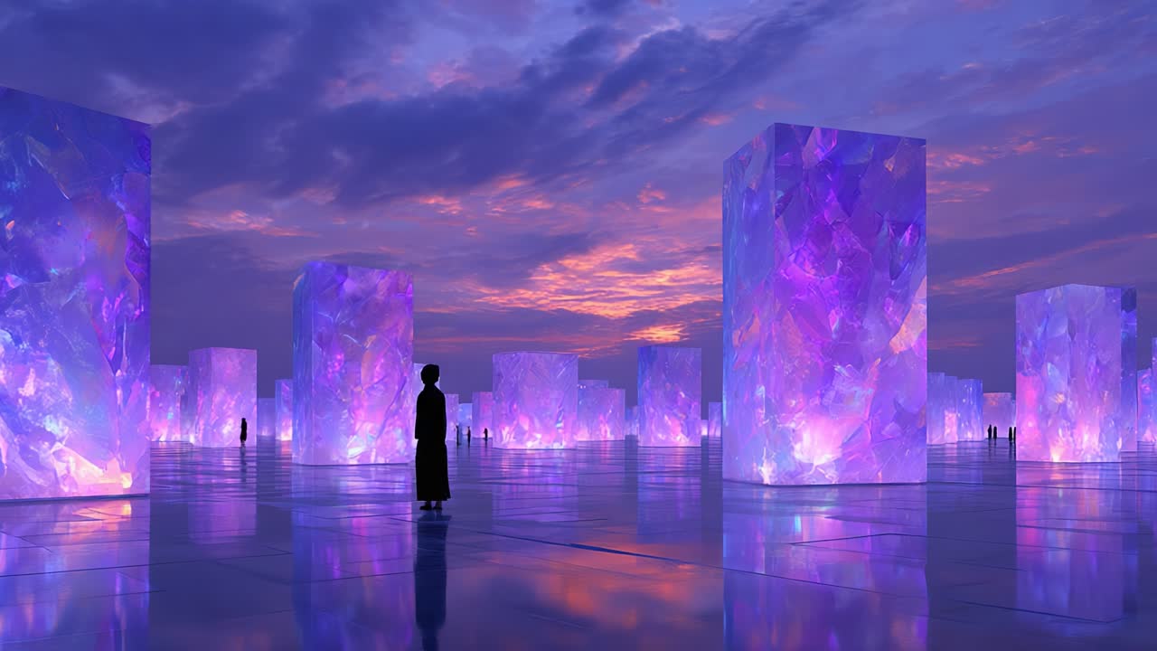A stunning ethereal landscape featuring towering crystalline structures illuminated with vibrant purple hues, set against a breathtaking twilight sky and reflective surfaces