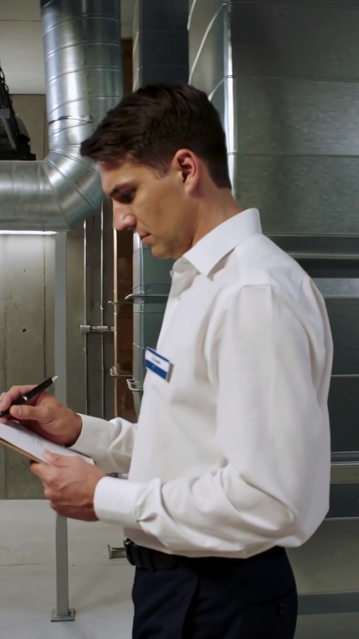 Video vertical: Técnico con camisa blanca escribiendo en un portapapeles, inspeccionando conductos en la sala de máquinas según lo solicitado.