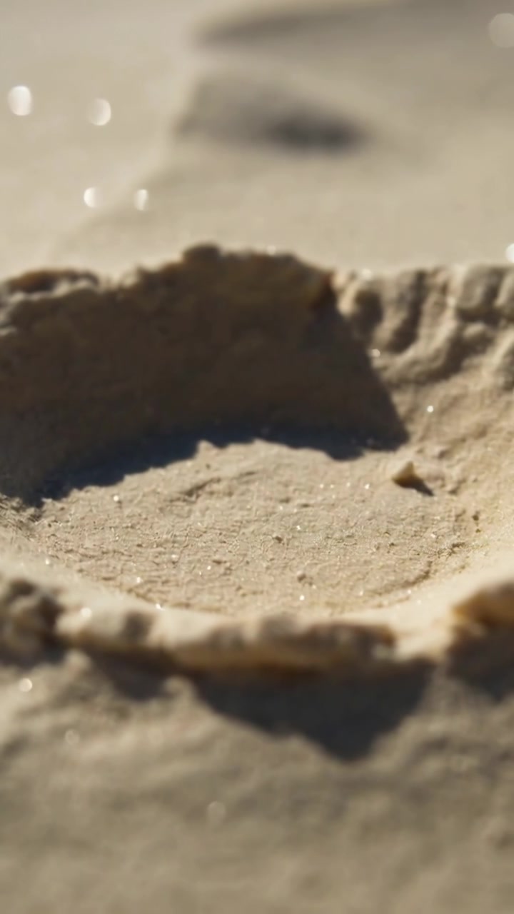 Video verticale: Telecamera che avanza rivelando una conca di sabbia sulla spiaggia, mostrando un bordo rialzato e una cresta di corda.