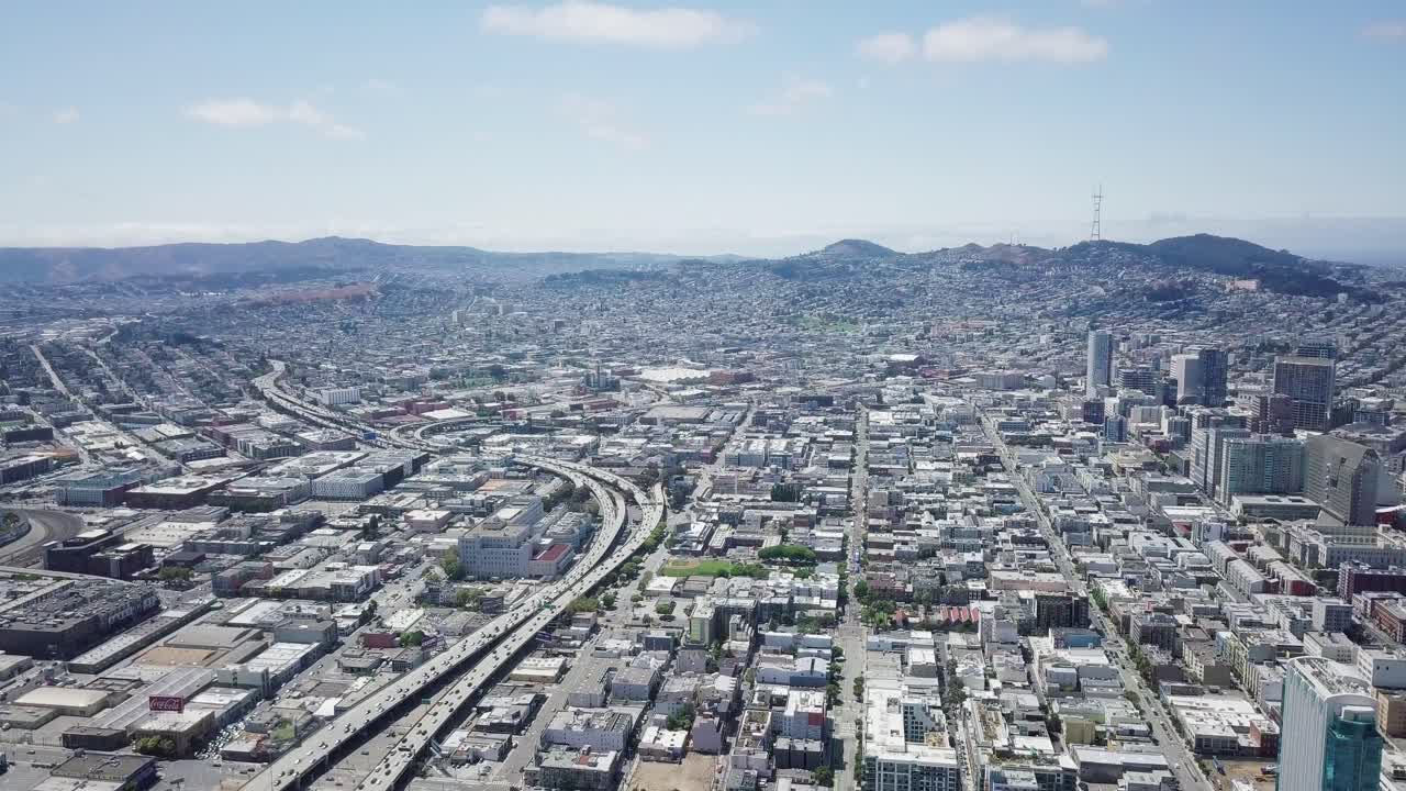 Aerial view of San Francisco city layout plan towards twin peaks on beautiful sunny clear day