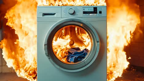 a burning washing machine in a dirty bathroom with a blue towel in it