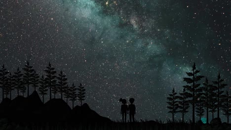 두 개의 실루이 역동적인 별이 가득한 밤하늘 아래 있습니다.