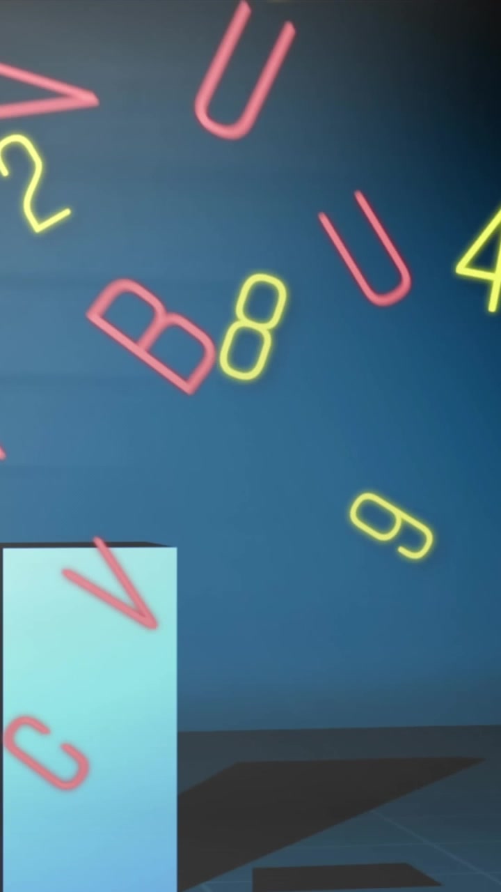 Animazione di numeri e lettere che cambiano su un grafico a barre su uno sfondo astratto.