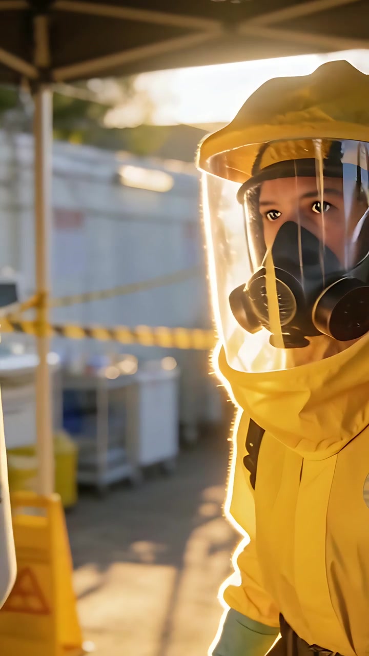 Video verticale: Camminando sul luogo dell'intervento, soccorritore in tuta hazmat che mette in sicurezza un'area tendata con uno zaino.