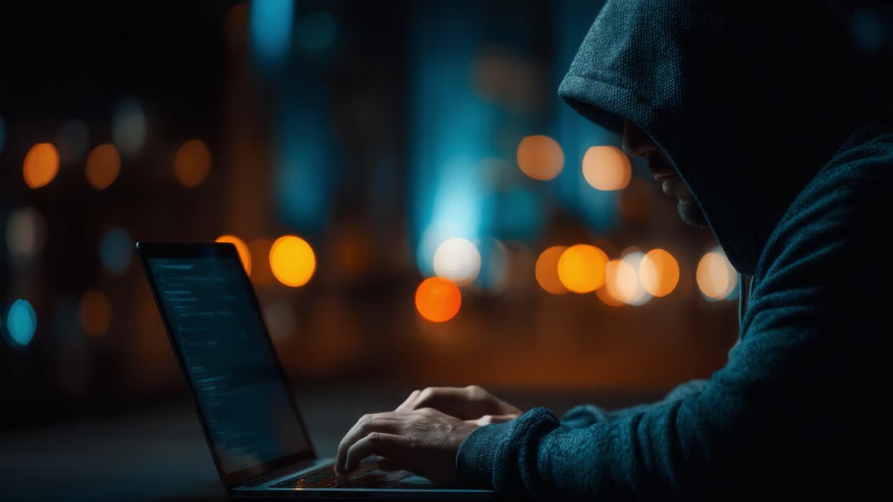 A Mysterious Figure in a Hoodie Engaged in Intense Computing Amidst a Nighttime Urban Setting Highlighted by Blurred Bokeh Lights