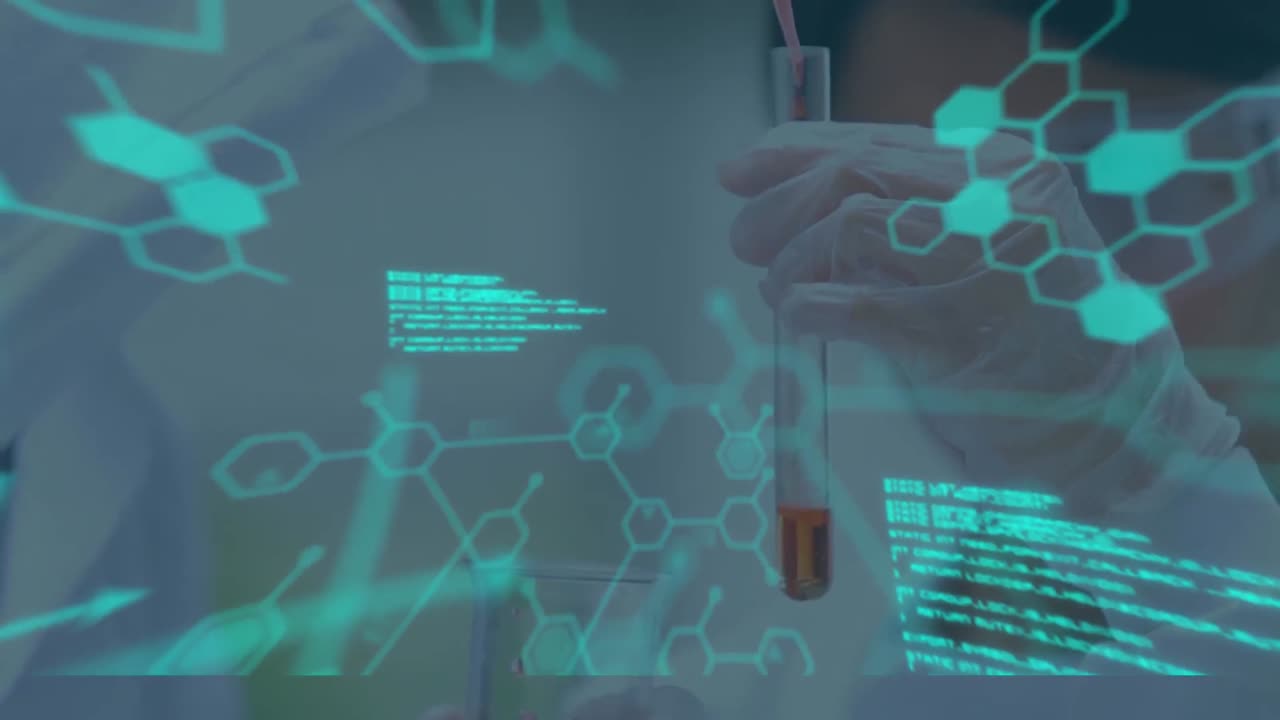 animación del procesamiento de datos científicos sobre el científico en el laboratorio