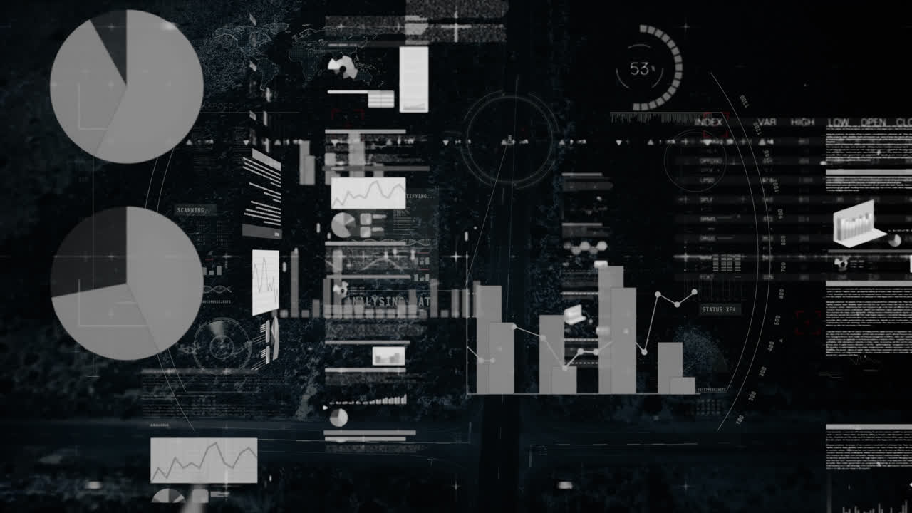 Animation of statistics and data processing over cityscape