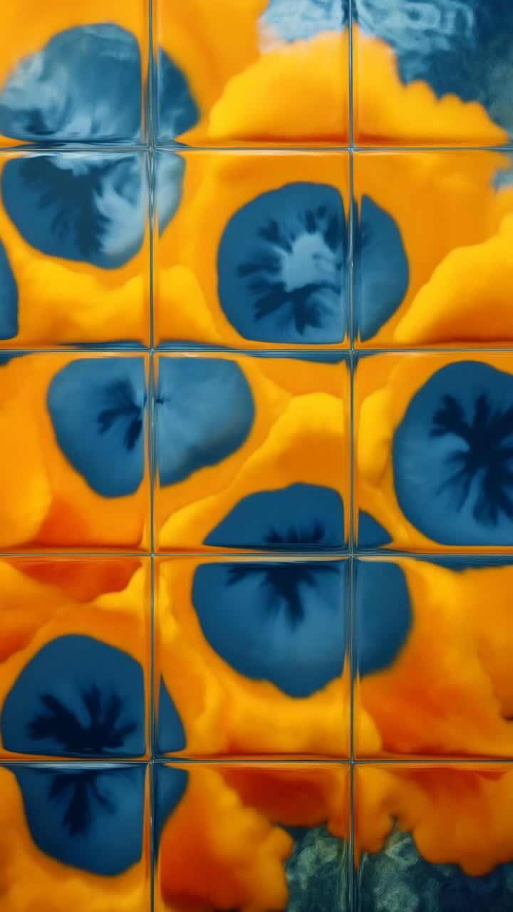 Video astratto con un'angolazione ravvicinata di fiori blu e gialli dietro un vetro smerigliato