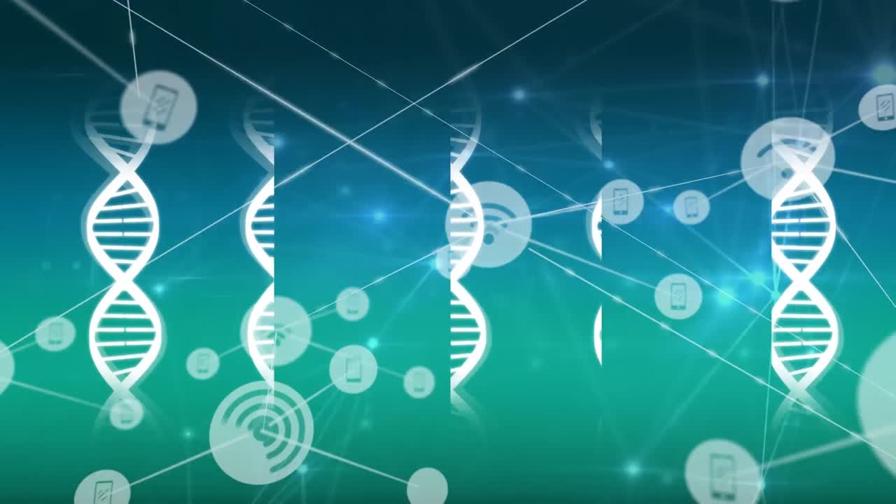 Animation of network of connections with icons over dna strands