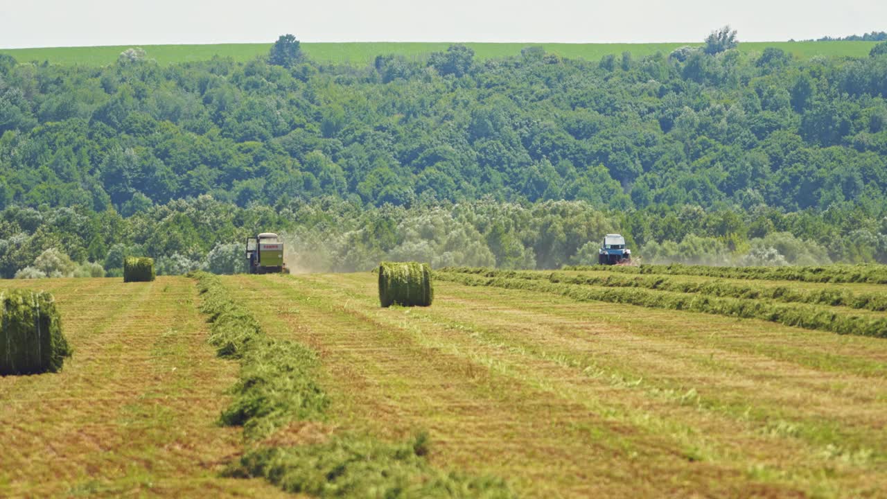Round bales on the field and agricultural machinery working outdoors. Seasonal works for harvesting green grass for livestock in nature.