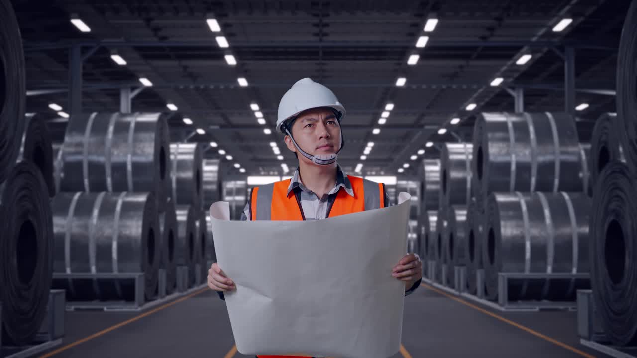 Front View of Asian Male Engineer Looking At Blueprint In His Hands While Walking in Warehouse of of Huge Metal Steel Coils