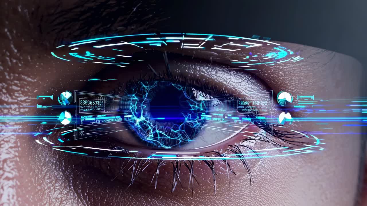 Close-up video of a human eye with digital holographic overlays, showcasing a futuristic, high-tech