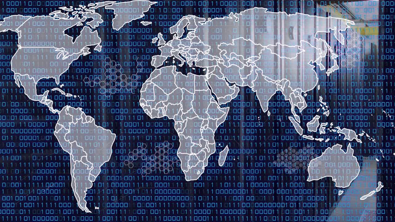 Animation of world map and binary coding data processing against computer server room