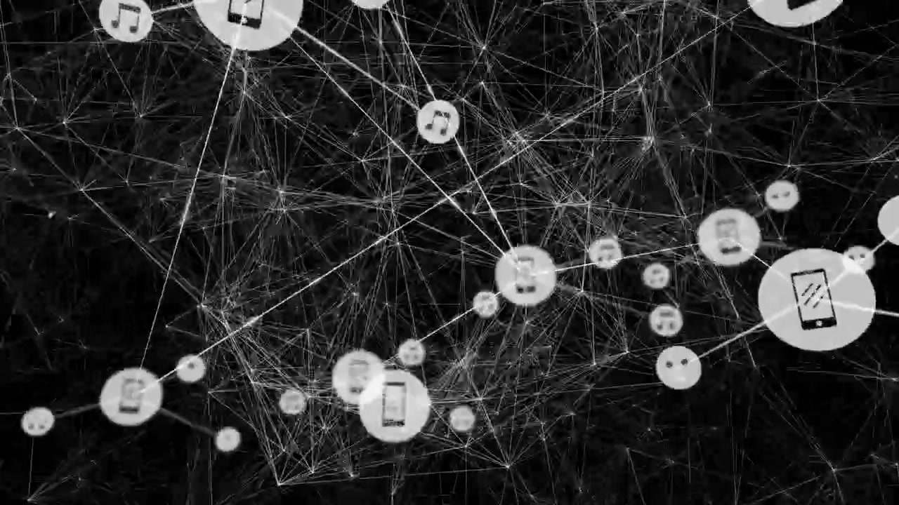Animation of network of connections with icons over black background with constellations